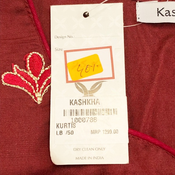 NWT Kashkha Authentic Traditional Kurti Kurta Indian Tunic Maroon Gold Black - Picture 10 of 11